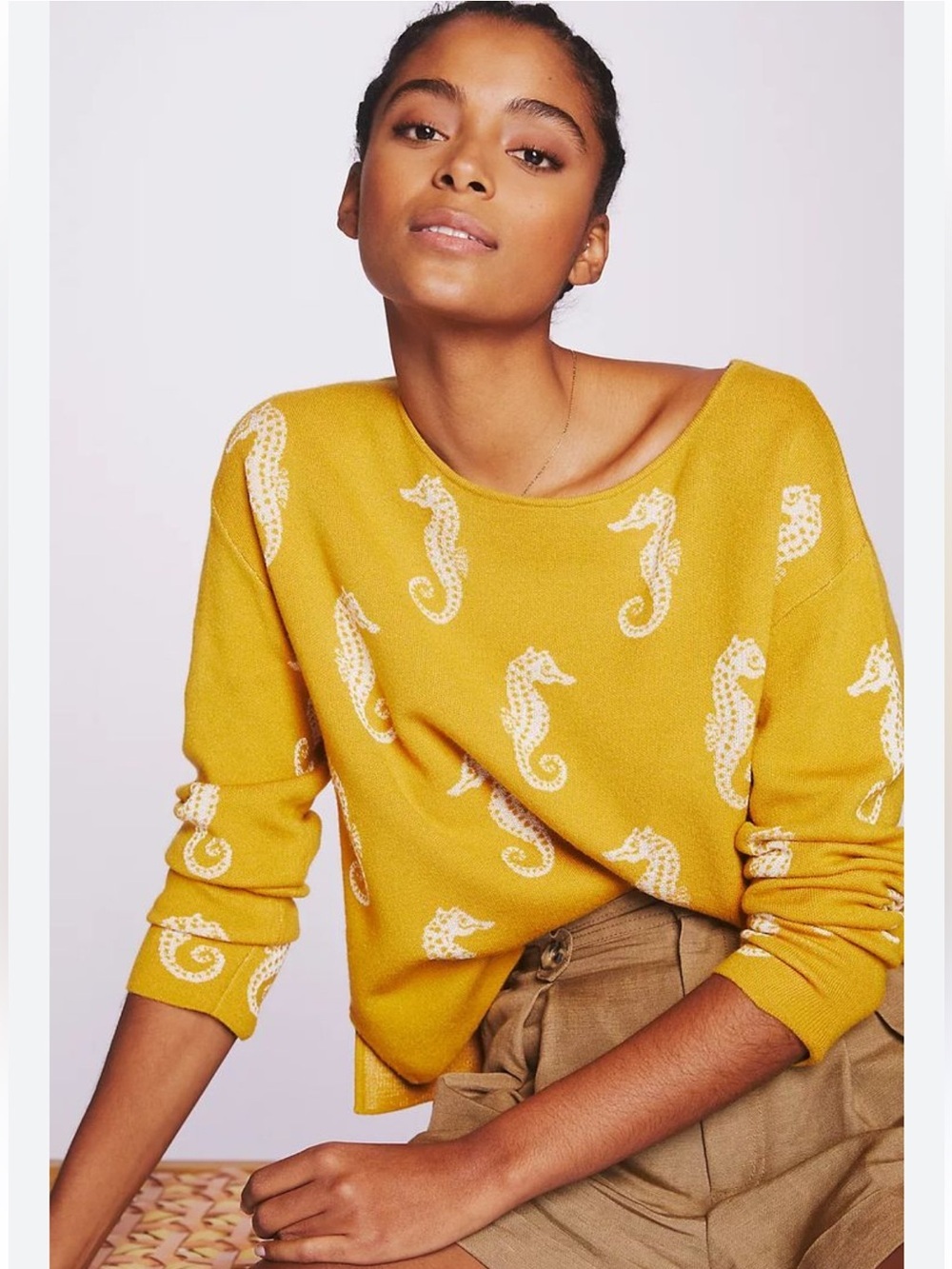 NWT Philosophy Gold & White cropped Seahorse Knit Sweater Coastal Nautical Large
